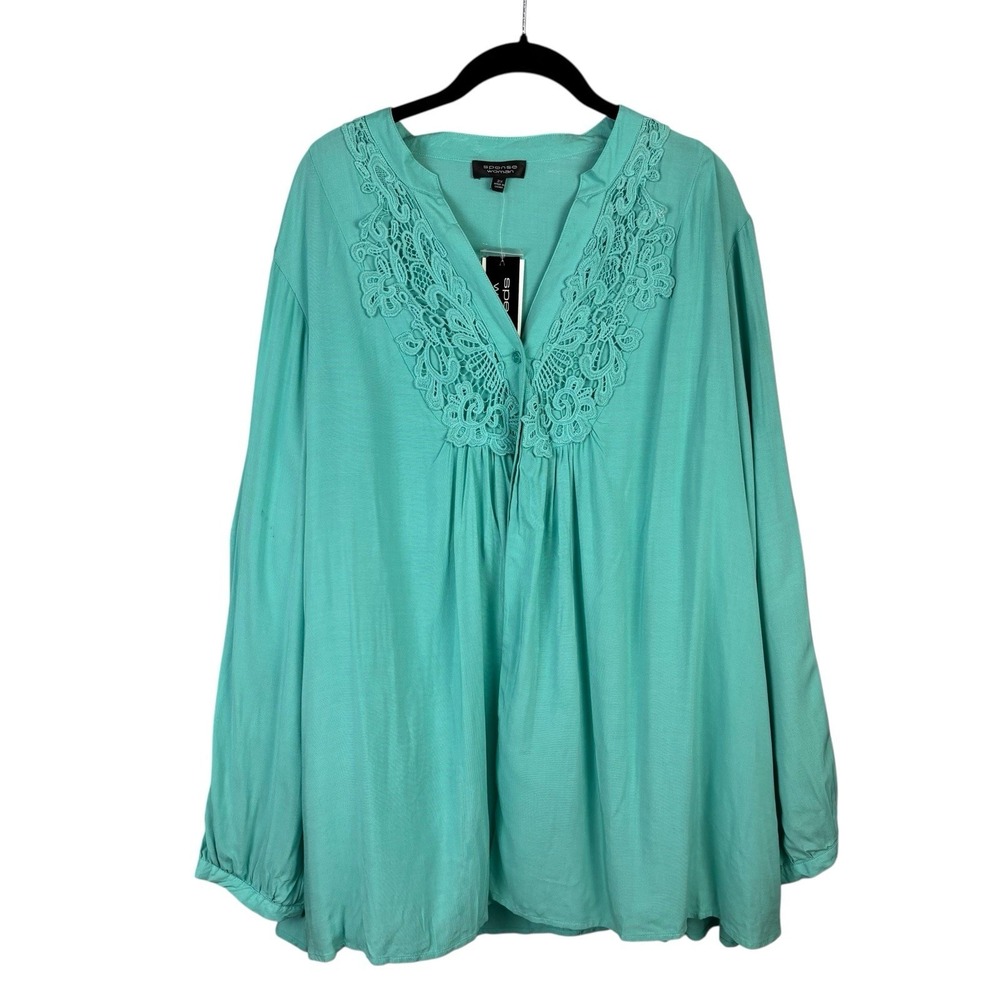 Spense Womens‎ Tunic Blouse Sz 2X Flowy Crochet Lace Aqua Coastal Boho NWT-flaw